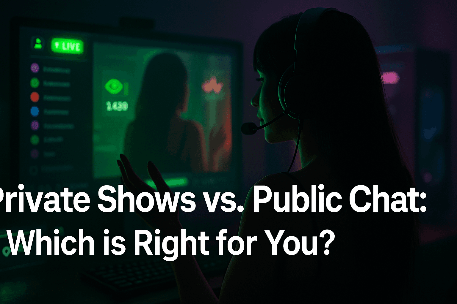 Split image showing a private chat setting and a lively public chat scene, illustrating different online interaction styles.