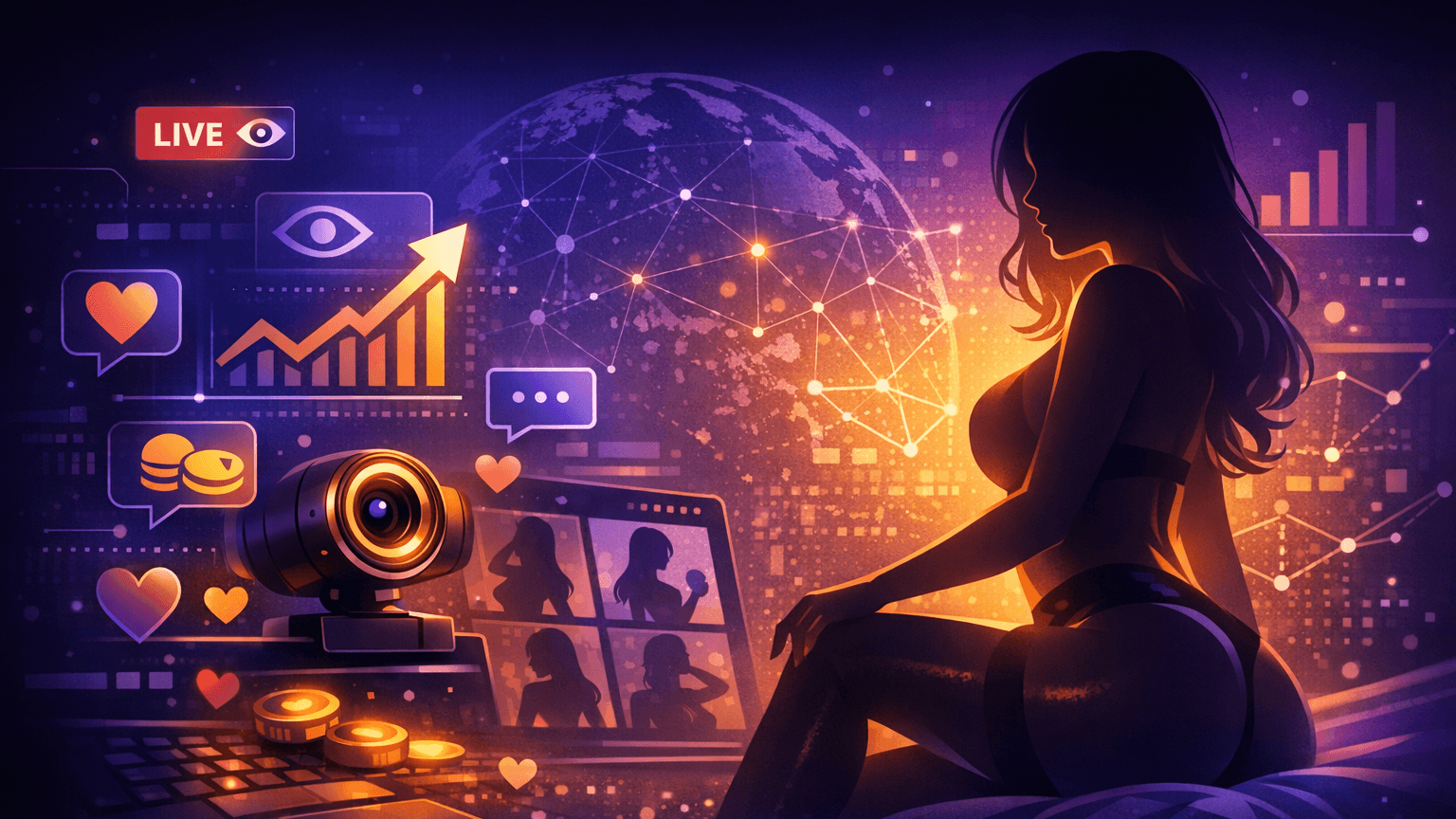 An abstract representation of digital connections and technology in adult entertainment, symbolizing the future of live cam sites.